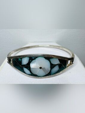 Vintage Alpaca Mexico Floral Mother of Pearl Inlay Bracelet